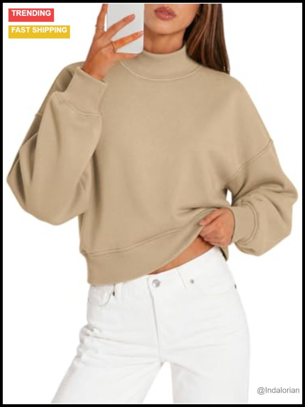 Women's Cropped Mock Neck Sweatshirt Long Sleeve Cotton Blend Pullover